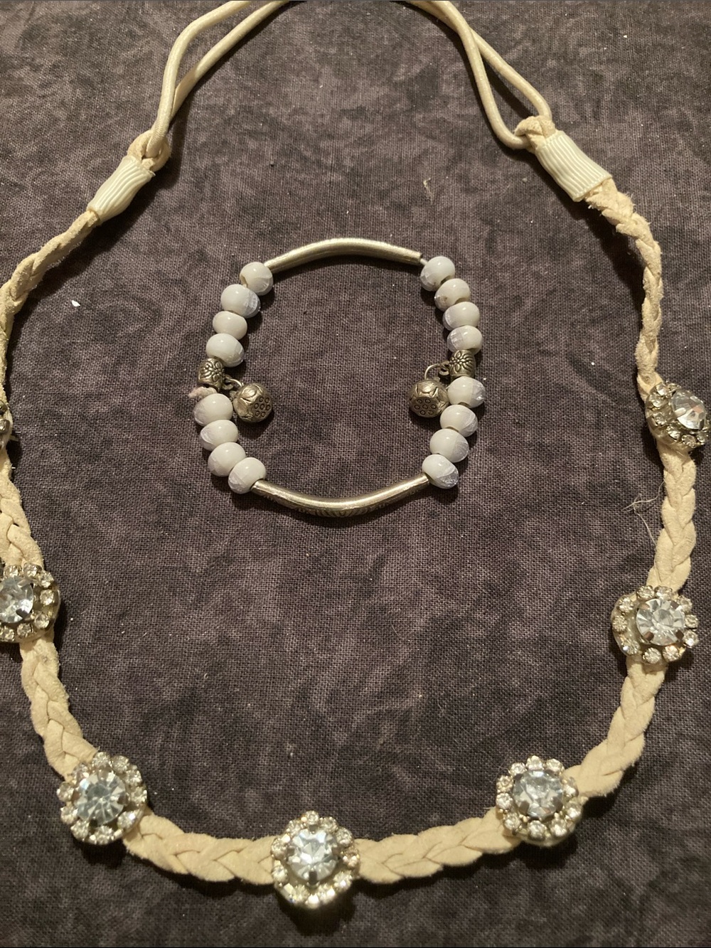 Faux Crystal Braided Beige Necklace and White Bead Bracelet Set